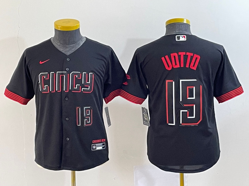 Youth Cincinnati Reds #19 Joey Votto Black 2023 City Connect With Patch Stitched Baseball Jersey Youth Cincinnati Reds #19 Joey Votto Black 2023 City Connect With Patch Stitched Baseball Jersey